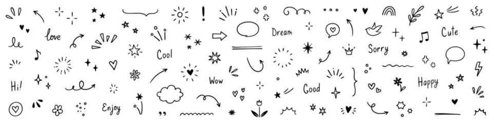 Fotobehang Kasteel Line arrow, star, heart cute icon elements. Hand drawn sketch heart, arrow, star, flower decoration symbols. Simple sketch line style emphasis, attention, graphic elements. Vector illustration  © Polina Tomtosova