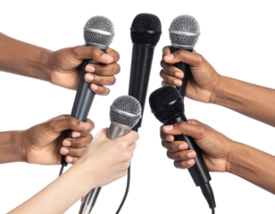 Diverse hands hold microphones in a semi-circle against black. Communication, voice, and expression shown
