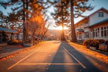 Golden autumnal schoolyard path