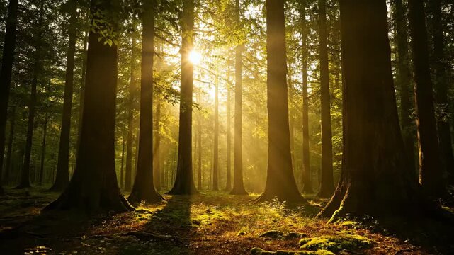 Sunlight filters through an ancient forest canopy as light shifts and dances throughout the day in a peaceful timelapse sunbeams, wilderness, motion