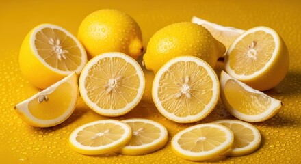 Juicy lemons, halved, sliced, and whole, are arranged artfully on a radiant yellow surface, with visible water droplets, creating a fresh, vibrant, and appetizing still life composition, evoking...