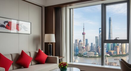 Interior living area featuring a neutral sofa with red cushions, a sleek lamp, and an abstract artwork, complemented by a large window overlooking a vibrant cityscape with water in the foreground.