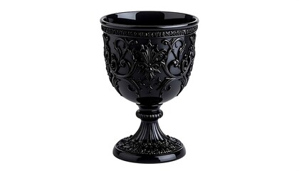An ornate black glass goblet with detailed, swirling relief patterns