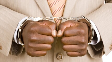 Restrained Decision: A businessperson's hands are clasped in silver handcuffs, symbolizing restrictions and legal troubles, a cautionary tale of potential wrongdoing in professional life.