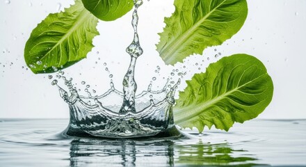 Lettuce leaves are suspended in mid-air with water droplets and a water crown splash.