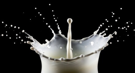 Liquid dairy substance erupts upwards, forming a dynamic crown shape with droplets scattering around, captured against a black background, creating a high-speed photograph.