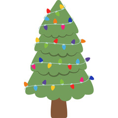 Green Fir Tree Decorated With Colorful Christmas Lights On Transparent Background