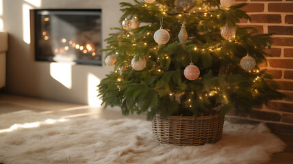 Christmas tree decorated with lights and ornaments in a cozy living room with fireplace and soft rug