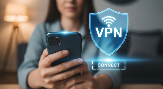 Person using phone with V P N connection mobile shield