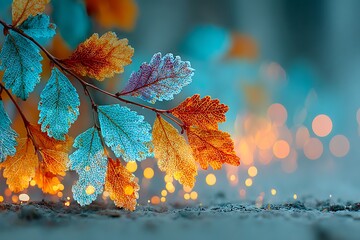 Colorful autumn leaves on a branch with bokeh lights against a blurred blue background