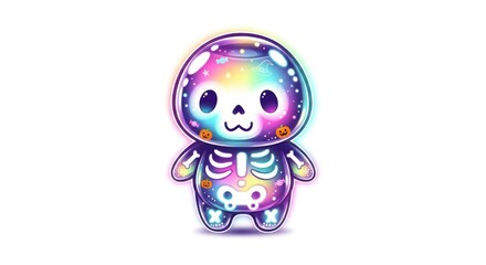 Adorable illustration portrays a cheerful, whimsical, and iridescent skeleton-themed character with a rounded head and a transparent, glowing body, featuring decorative pumpkins and candies, set...