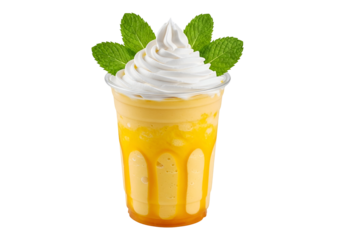 A vibrant, golden-yellow smoothie drink in a clear plastic cup, garnished with whipped cream and fresh mint leaves, showcasing a smooth texture and caramel drizzle.