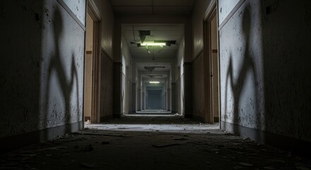 Spooky and unsettling perspective of an abandoned corridor with textured, peeling walls and dim lighting, casting long shadows against the aging surfaces, conveying a mysterious and haunted feeling...
