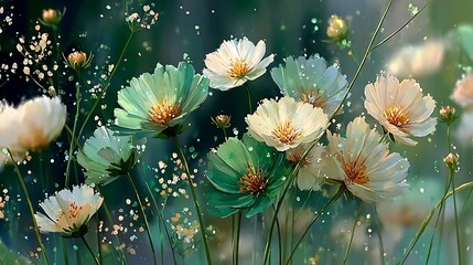Cosmos Flowers Illustration with White and Green Petals and Golden Centers in a Soft Focus Setting