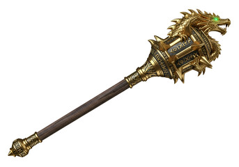 A golden dragon-headed mace with a wooden shaft, intricately detailed, set against a black background.