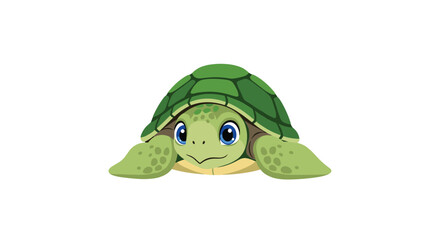 Fototapeta premium A charming illustration of a happy and cute baby cartoon turtle with a vibrant green shell and large, expressive blue eyes.