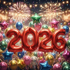 Vibrant New Year Party Scene Featuring 2026 Balloons and Dazzling Fireworks in the Background