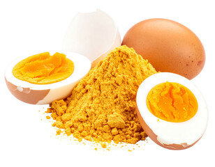 Eggs, halved and whole, with shell and pile of yellow powder on a black background