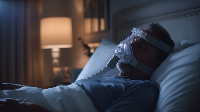 Patient sleeping peacefully with CPAP machine mask for sleep apnea therapy treatment in comfortable bedroom showing effective respiratory health care and obstructive breathing disorder management.
