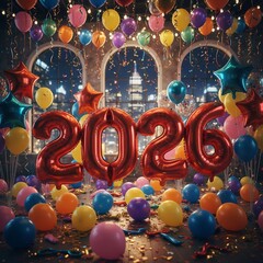 Exciting New Year's Eve Display with Bright Balloons, Stars, and Fireworks Welcoming 2026