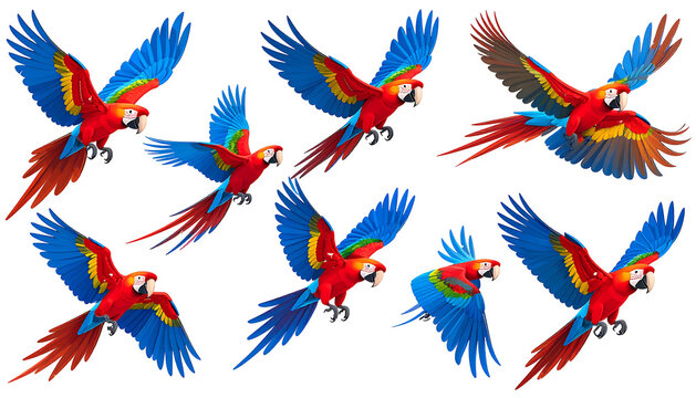 Eight colorful parrots flying in various directions against a black background