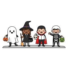 Group of Happy Kids Trick-or-Treating in Halloween Costumes