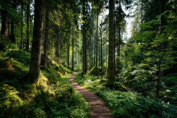 Obraz premium Forest pathway winding through tall trees with dappled sunlight filtering through canopy creating peaceful woodland environment. Nature conservation outdoor wellness and environmental preservation.