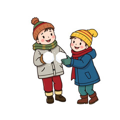 Happy Children Playing with Snowball in Winter