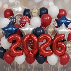 Vibrant New Year Decoration Featuring 2026 Balloons Surrounded by Dazzling Stars and Colorful Balloons