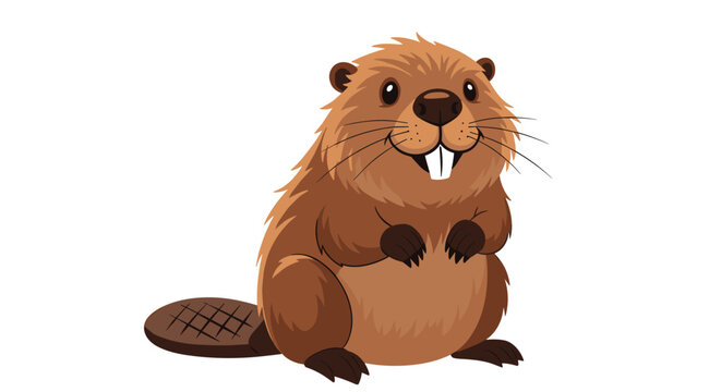A friendly cartoon beaver with large front teeth, brown fur, and a distinctive flat tail smiles happily on a clean white background.