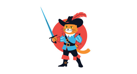 A charming cartoon illustration features a brave cat in a black feathered hat and blue uniform, wielding a sword, ready for adventure.