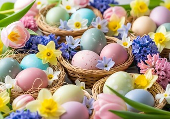 Colorful easter eggs nestled in straw with spring flowers