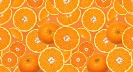 Vibrant, top-down composition showcases various sizes of orange fruit and sliced citrus pieces.