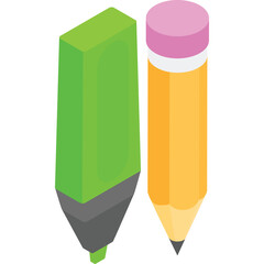 Green Highlighter Pen and Yellow Pencil Isolated on Transparent Background with Clean Design