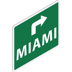 Green highway road sign indicating direction to Miami with a white arrow showing a right turn against a transparent background in a flat design style