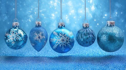 Blue Christmas Background with Hanging Snowflake Ornaments for Winter Celebration