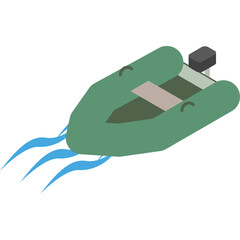 Green Inflatable Motorboat With Small Outboard Motor Moving Through Blue Water With White Background