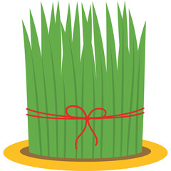 Green Grassy Plant Tied With Red Ribbon on Yellow Plate Isolated on Transparent Background
