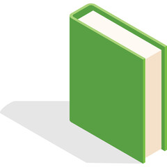 Green Hardcover Book Standing Tall Casting a Dark Shadow Against a White Background Modern Isometric Illustration