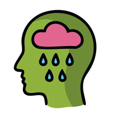 Green Head Profile With Pink Cloud and Blue Raindrops Inside Symbolizing Sadness and Mental Health Awareness