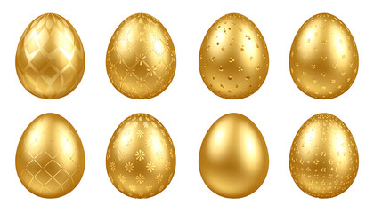 Eight golden eggs, some with delicate patterns, against a black backdrop