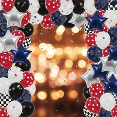 Colorful Party Scene with Balloons and Stars Set Against a Vibrant Bokeh Background