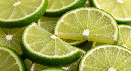 Freshly sliced lime fruit arranged in a , vibrant display of green and yellow hues, highlighting the juicy textures and intricate patterns within the citrus segments, offering a visually appealing...
