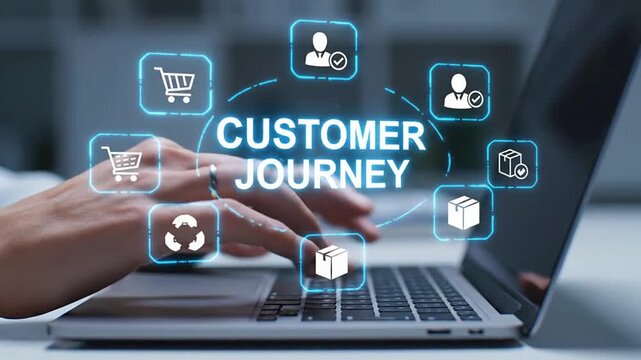 Customer Journey on Laptop with Digital Icons Hovering Around