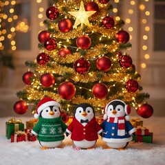 Adorable Penguins in Festive Attire Gathered Around a Beautifully Decorated Christmas Tree