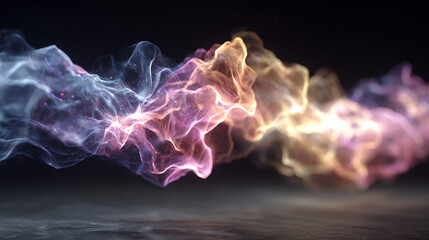 Floating glowing energy strands twist and flow in hyperrealistic detail, radiating vibrant light. The scene symbolizes dynamic energy, movement, and the intangible beauty of luminous, ethereal forces.