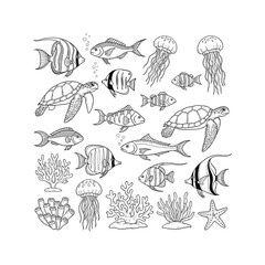 Obraz premium A seamless vector sketch pattern illustrating a hand-drawn set of marine life, including fish, shells, and starfish, perfect for vintage summer beach decoration or seafood packaging design