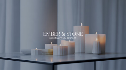 White candles with ribbed texture are lit on a modern table, creating a soft glow against a neutral backdrop.