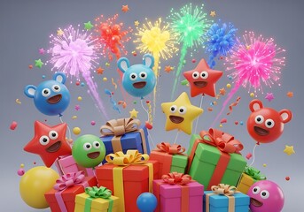 Fototapeta premium Cute cartoon characters celebrating with fireworks and gifts