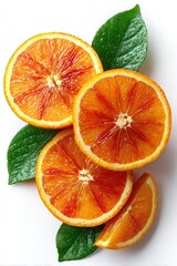 Sliced blood oranges with leaves, bright, clean image